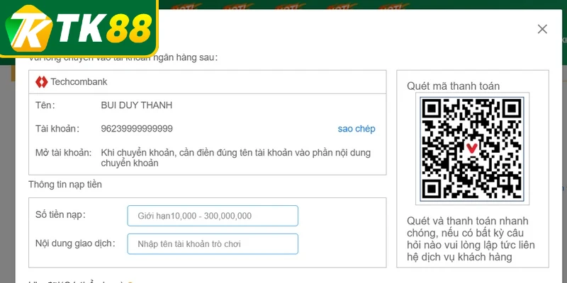 Nạp tiền TK88 đơn giản cùng độ bảo mật tuyệt đối từng phương thức