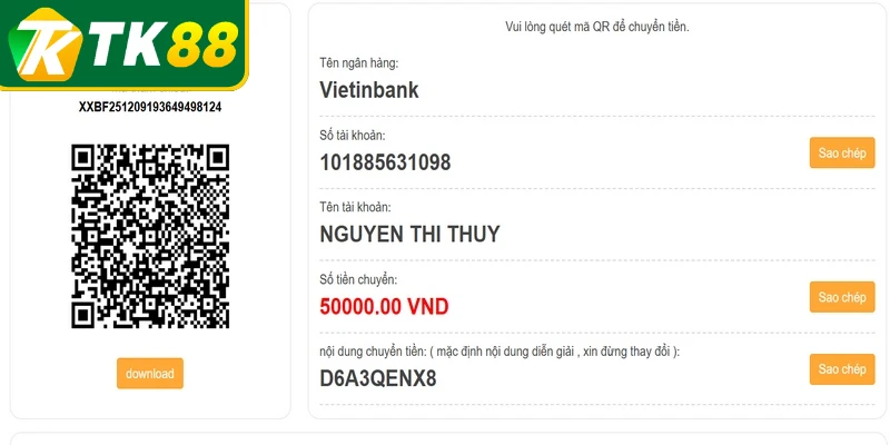 Bạn cần copy chính xác mã ghi vào phần lời nhắn khi thực hiện nạp
