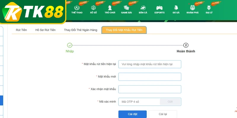 Rút tiền TK88 hỗ trợ người chơi chuyển toàn bộ doanh thu an toàn